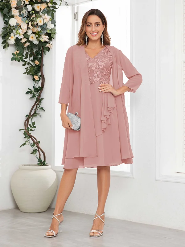 Carolina Chic Two Pieces V Neck Appliques Knee Length Chiffon Mother Of The Bride Dresses