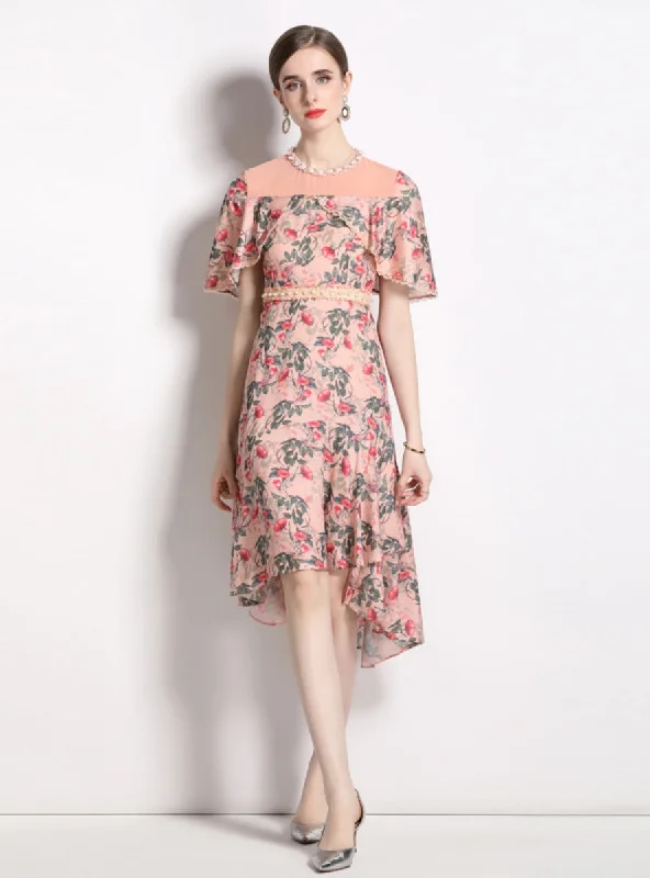 Chiffon Cloak Pearls Floral Dress