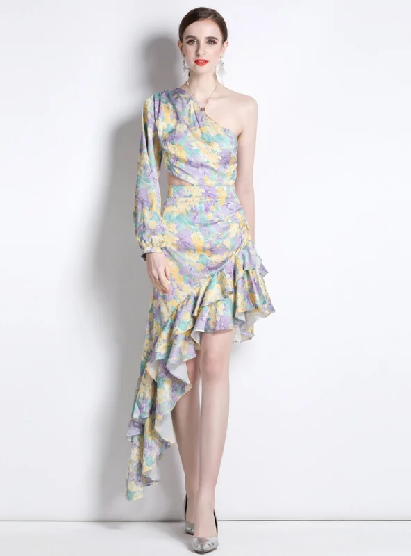 Chiffon Floral Irregular Slim Waist Dress