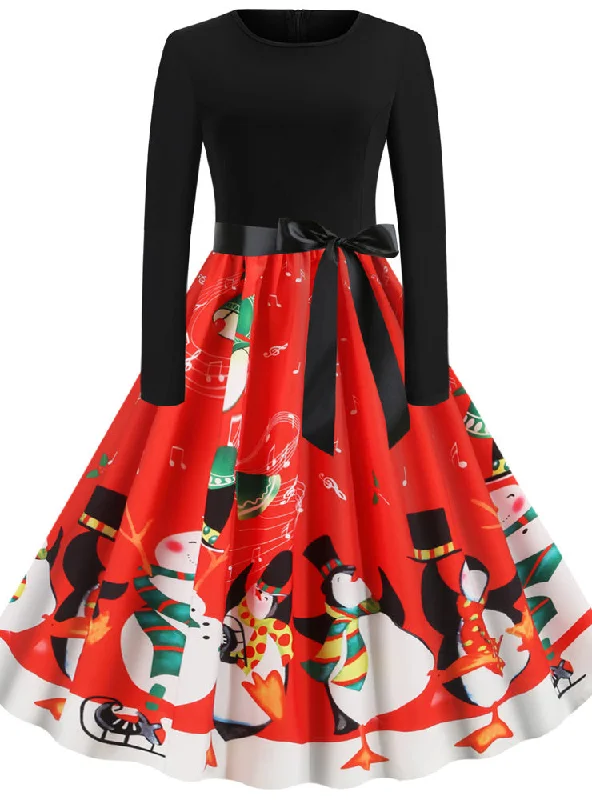 Christmas Penguin Print Long Sleeve Dress