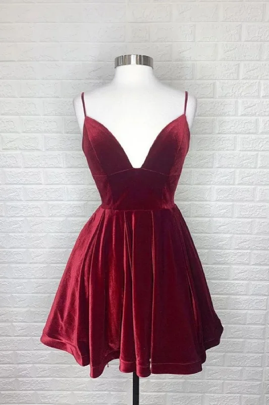 A-line Velvet Burgundy Spaghetti Straps Homecoming Dress