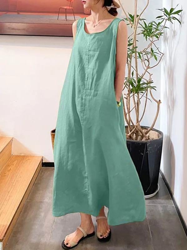 Blue Zone Planet |  Cotton Linen Simple Style Loose Pocket Round Neck Temperament Sleeveless Dress