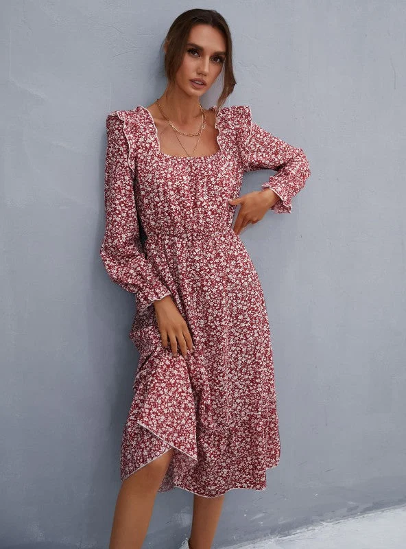 Floral Square Collar Long Sleeve Chiffon Flounce Dress