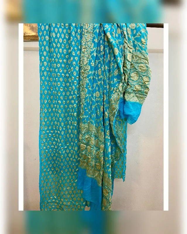 Captivating Hand Brush Dye Blue 3 pcs Khaddi Georgette Banarasi Dress Material