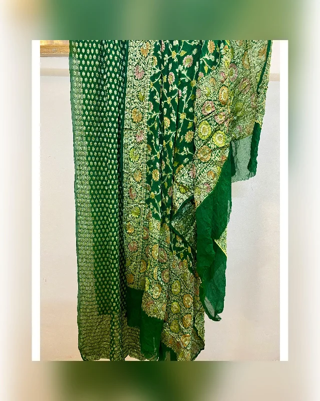 Elegant Hand Brush Dye Green 3 pcs Khaddi Georgette Banarasi Dress Material