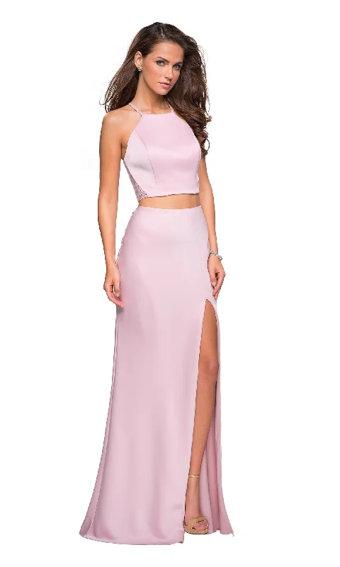 La Femme Two-Piece Blush Pink Satin Prom Dress 26926