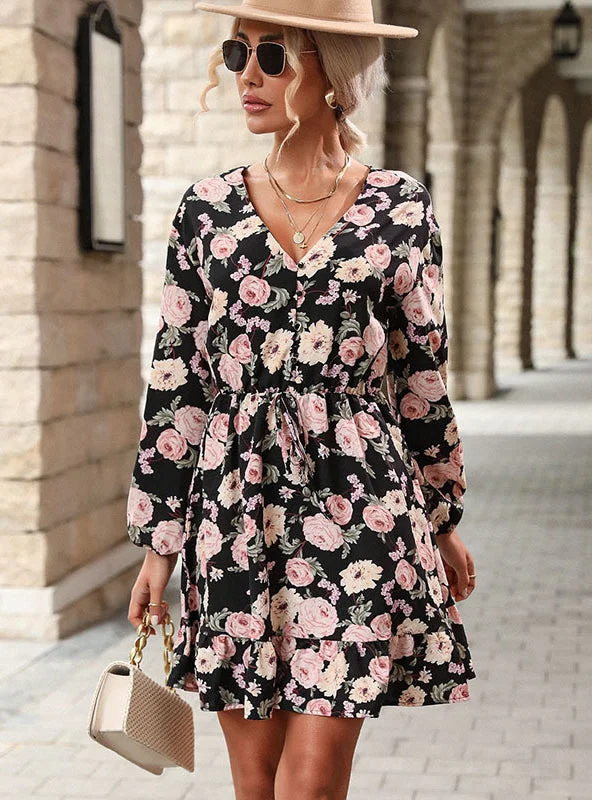 Long Sleeve V-Neck Printed Dress