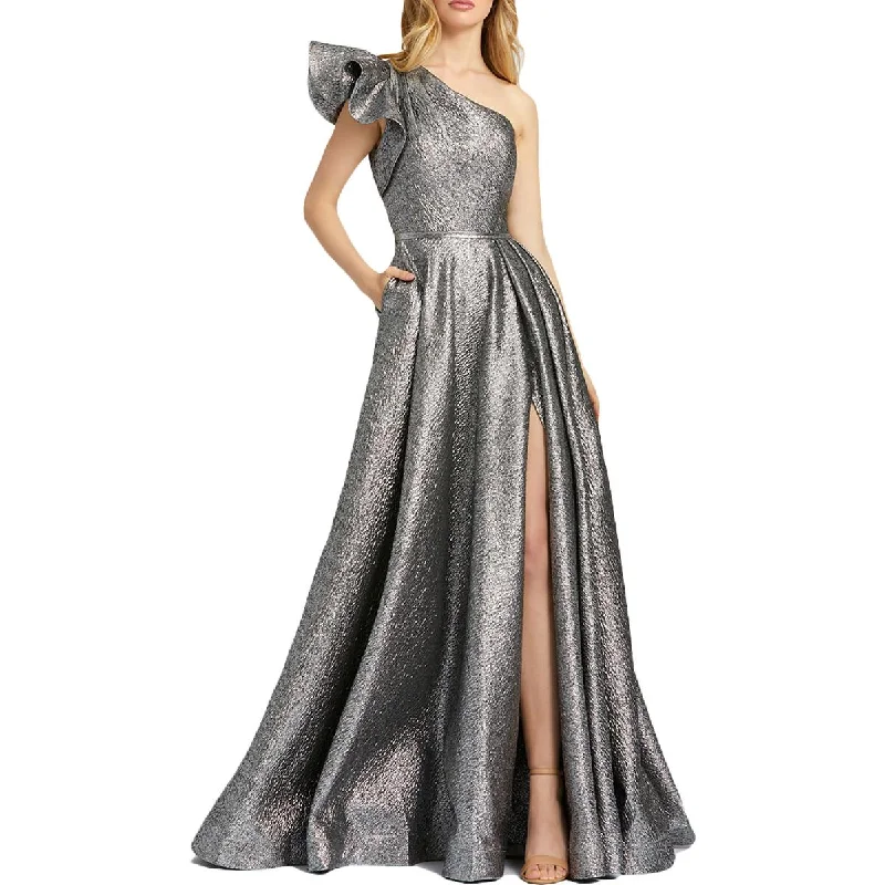 Mac Duggal Womens Metallic One Shoulder Evening Dress