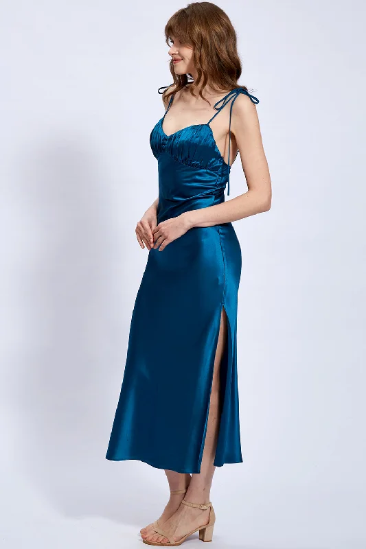 Acetate Satin Adjustable Strap Tea Length Dress