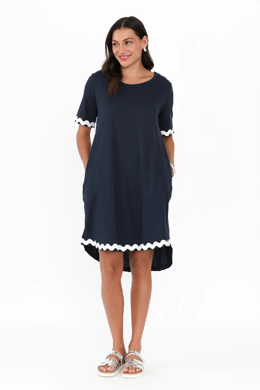 Nyree Navy Ric Rac Hi Lo Cotton Dress