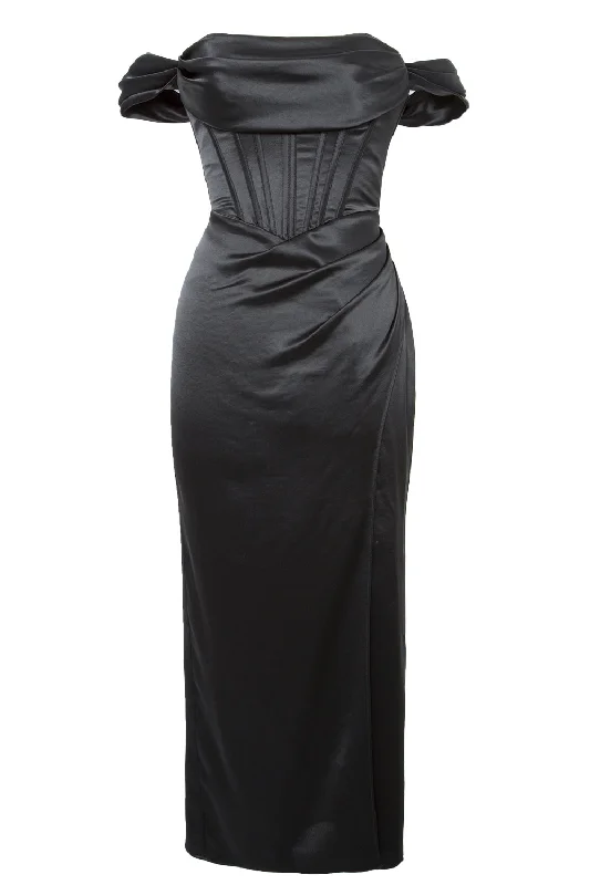 Off the Shoulder Acetate Satin Formal Dress with Slit