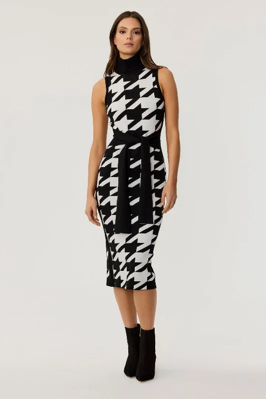 Peggy Sleeveless Large Houndstooth Tie-Front Dress