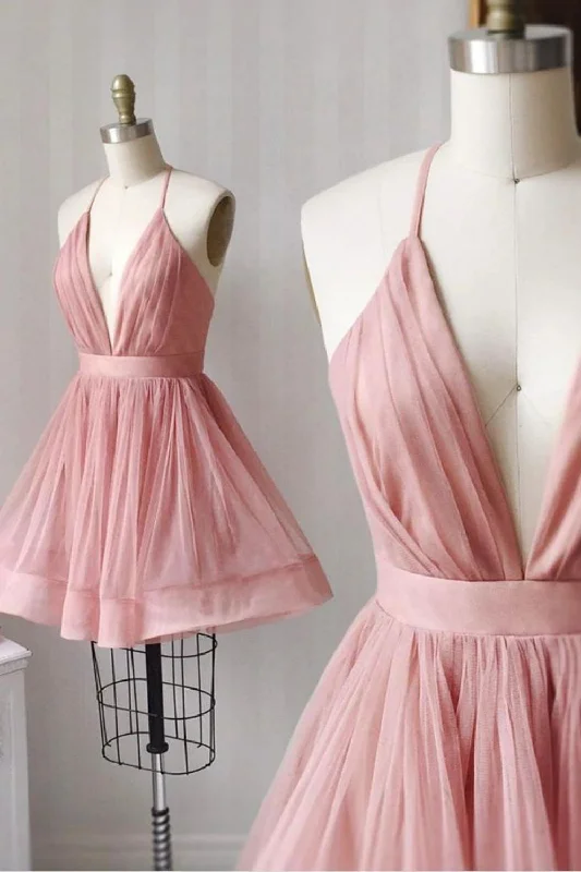 Pink A-line Deep V-neck Homecoming Dress