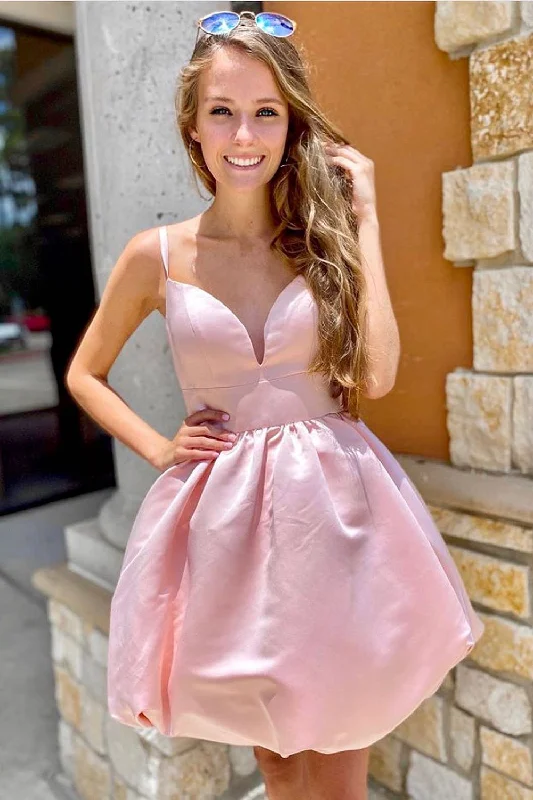 Pink A-line Spaghetti Straps Homecoming Dress With Bowtie