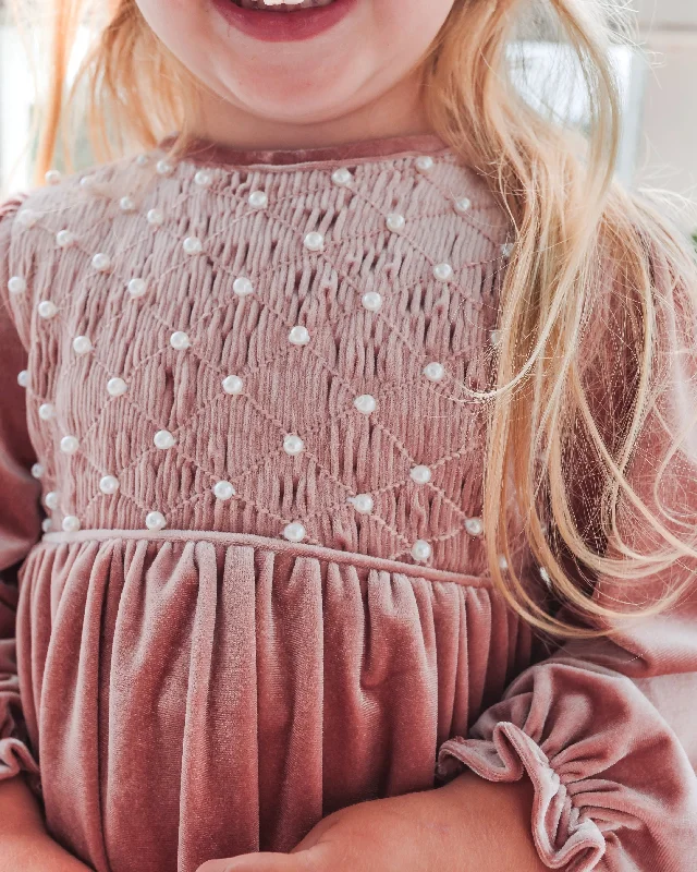 PINK VELVET & PEARLS GEOMETRIC SMOCKED DRESS