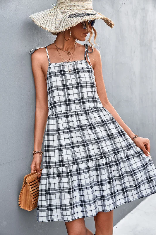 Plaid Tie-Shoulder Tiered Dress