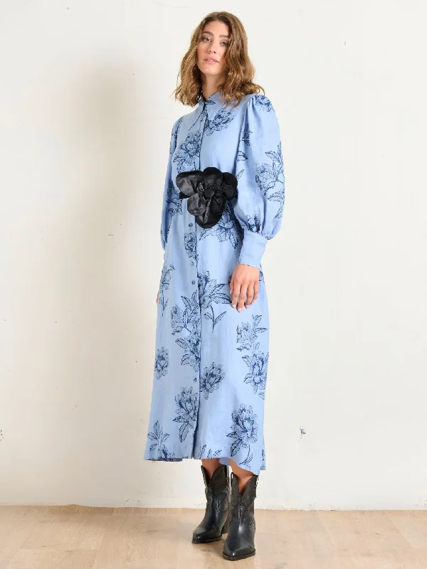 POINTED COLLAR DRESS PEONIES BLUE