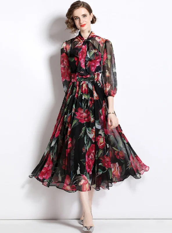 Printed Bow Swing Cropped Sleeve Dress