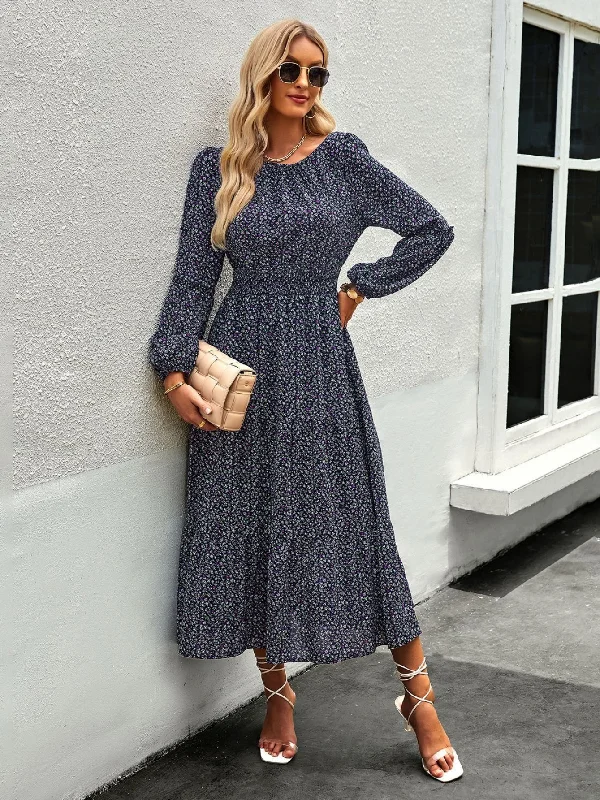 Printed Lantern Sleeve Round Neck Dress