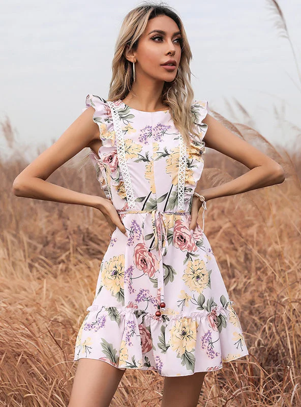 Printed Round Neck Stitching Flounce Dress