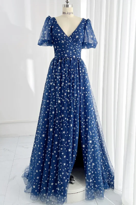 Puff Sleeves V Neck Dark Navy Prom Dress