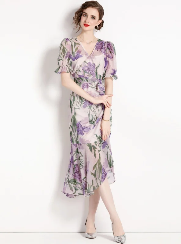 Purple Square Collar Printed Floral Dress