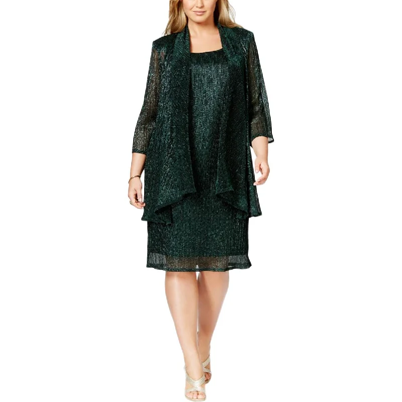 R&M Richards Womens Plus Metallic 2PC Dress With Cardigan