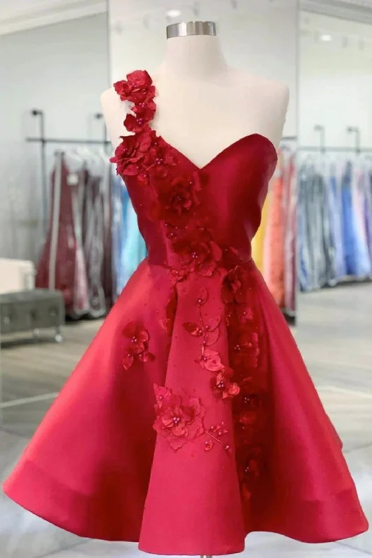 Red A-line One Shoulder Homecoming Dress With Beading