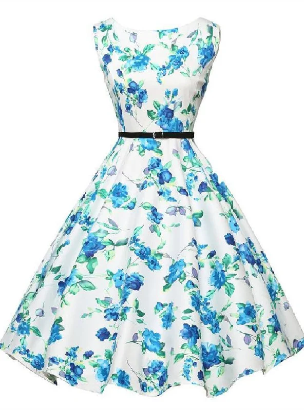 Retro Blue Print Big Swing Dress