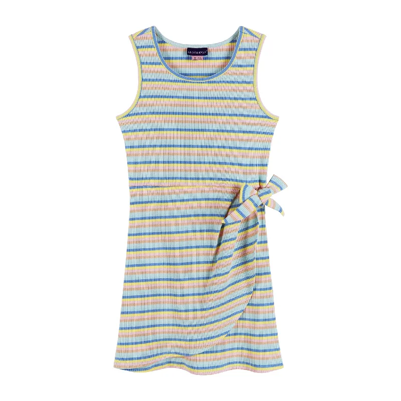 Rib Knit Faux Wrap Dress (Size 7-14 Years) | Multicolor Stripe