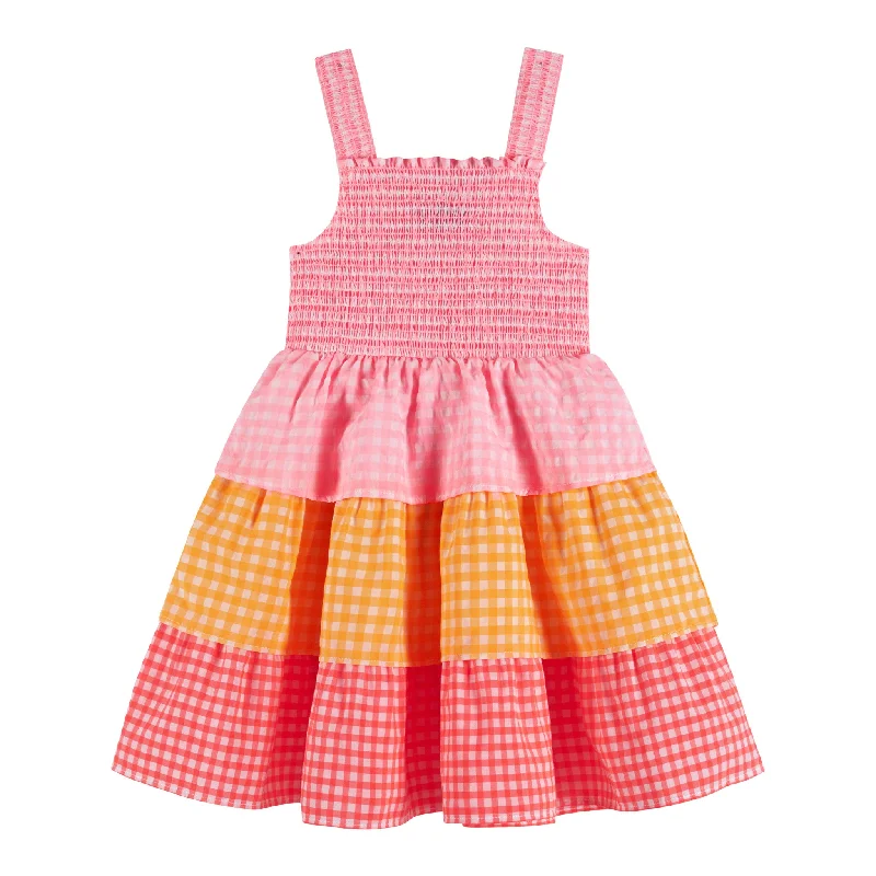 Kids Gingham Three-Tier Dress | Multicolor Neon