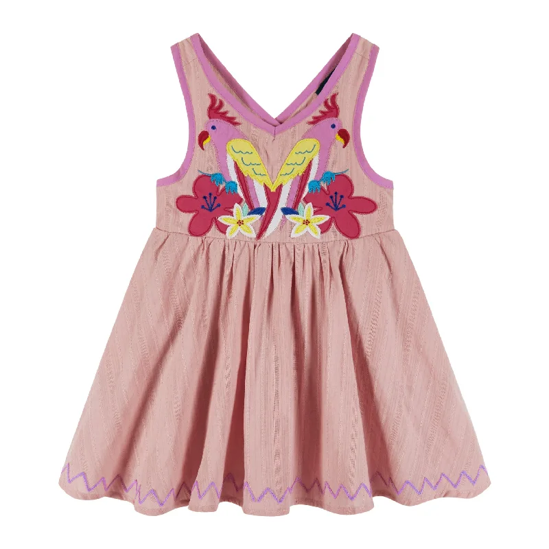 Kids Pink Textured Parrot Dress w/Criss Cross Back