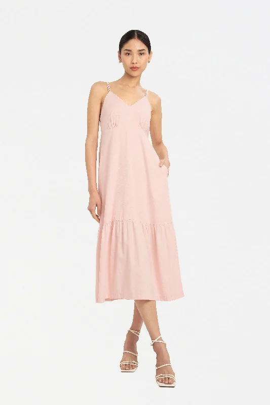 Shay Padded Tiered Dress in Crepe Pink