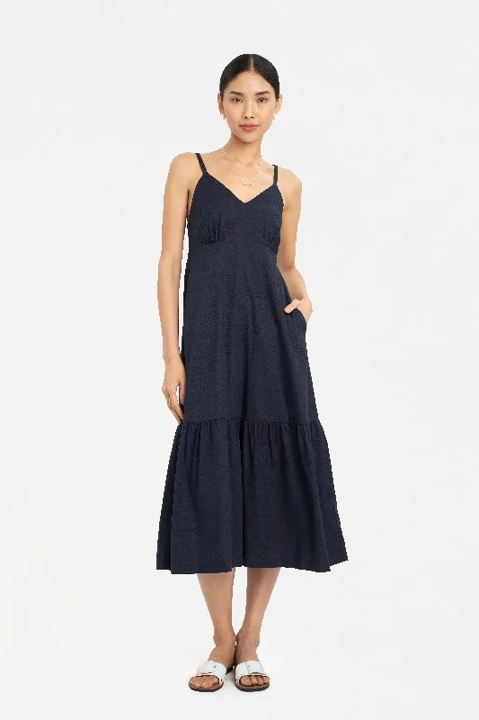 Shay Padded Tiered Dress in Dark Blue