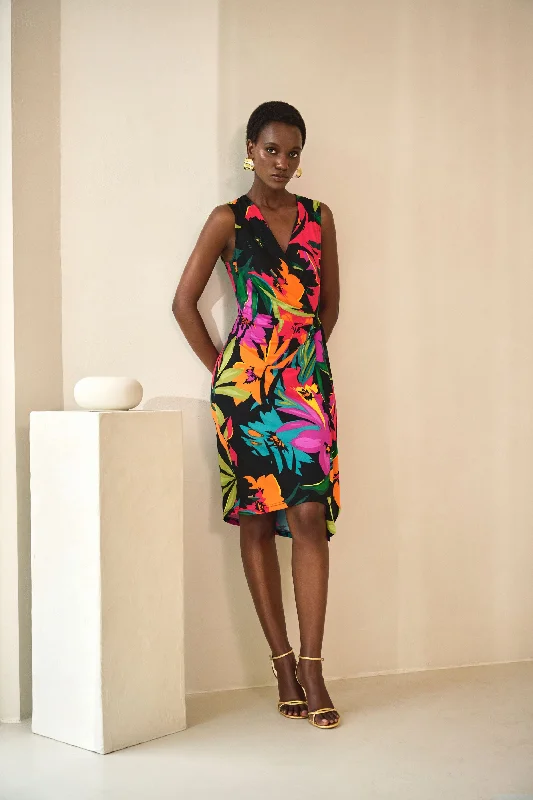 Silky Knit Tropical Print Wrap Dress