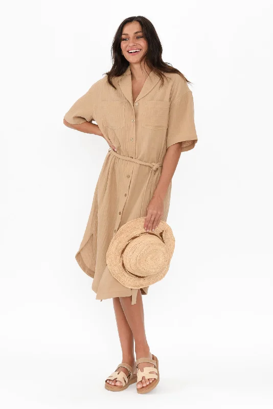 Tahiti Beige Cotton Cheesecloth Tie Dress