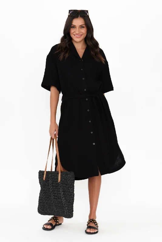 Tahiti Black Cotton Cheesecloth Tie Dress