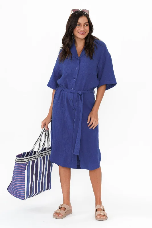 Tahiti Cobalt Cotton Cheesecloth Tie Dress