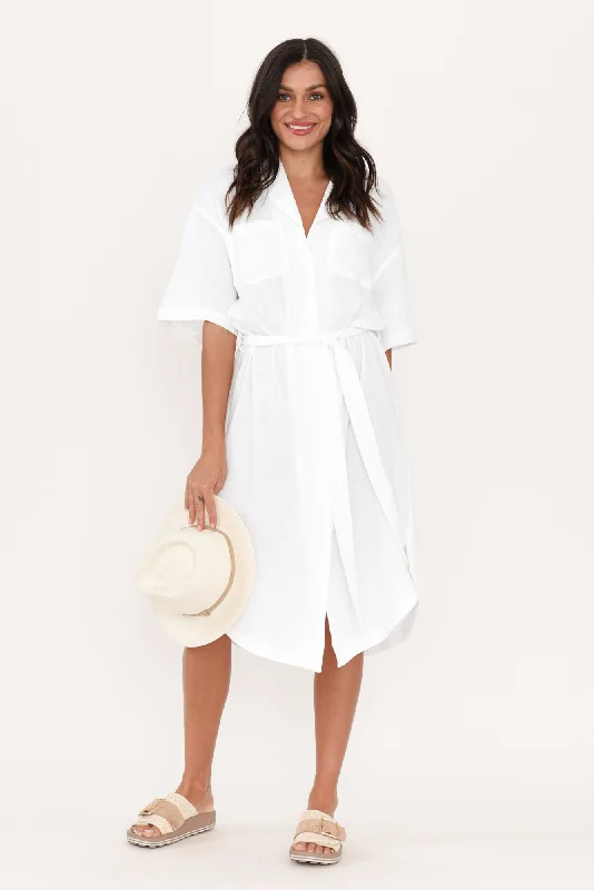 Tahiti White Cotton Cheesecloth Tie Dress