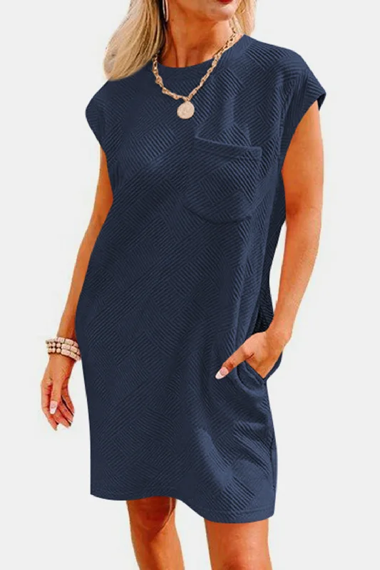 Textured Round Neck Cap Sleeve Dress