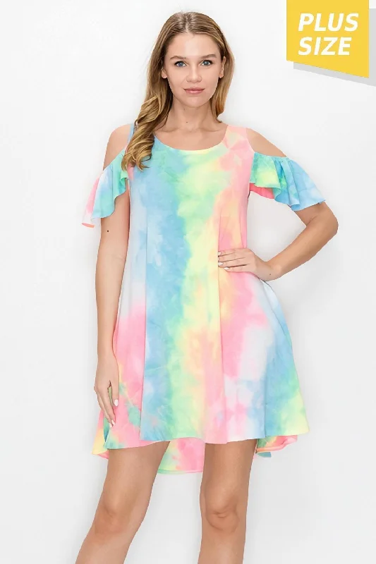 Tie Dye Cold Shoulder Knit Shift Dress in Plus