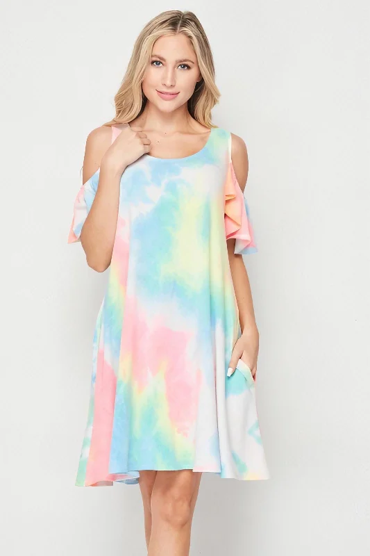 Tie Dye Cold Shoulder Knit Shift Dress