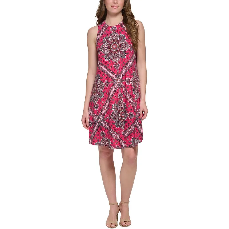 Tommy Hilfiger Womens Petites Round Neck Paisley Shift Dress