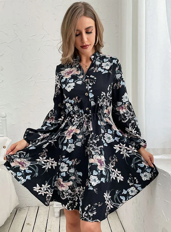 V-neck Long Sleeve Printed Dress