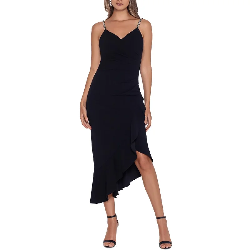 Xscape Womens Petites Pleated Asymmetric Sheath Dress