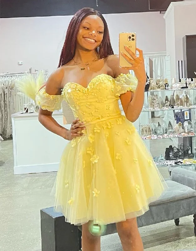 Yellow Off The Shoulder Homecoming Dress With Appliques