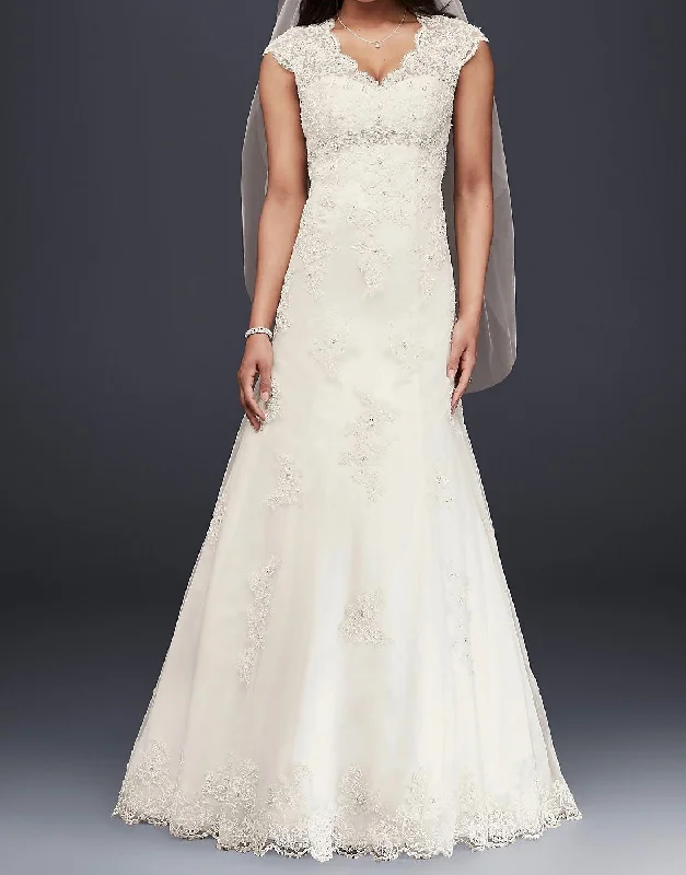 David's Bridal Cap Sleeve Lace Over Satin T3299