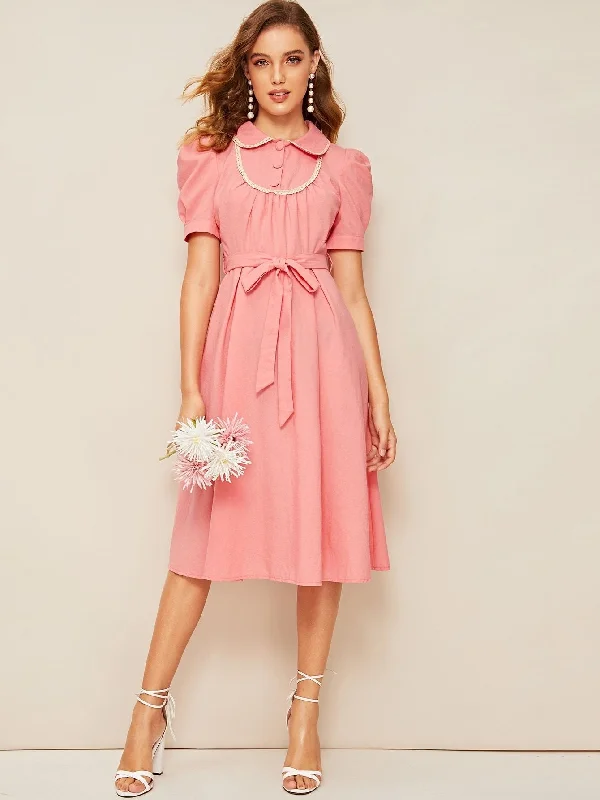 50s Puff Sleeve Lace Trim Belted Dress