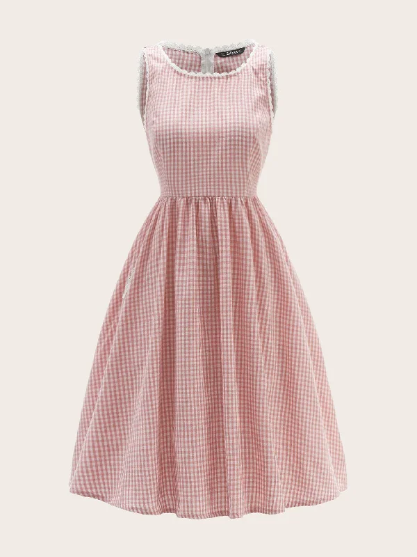 Contrast Lace Trim Gingham Fit & Flare Dress