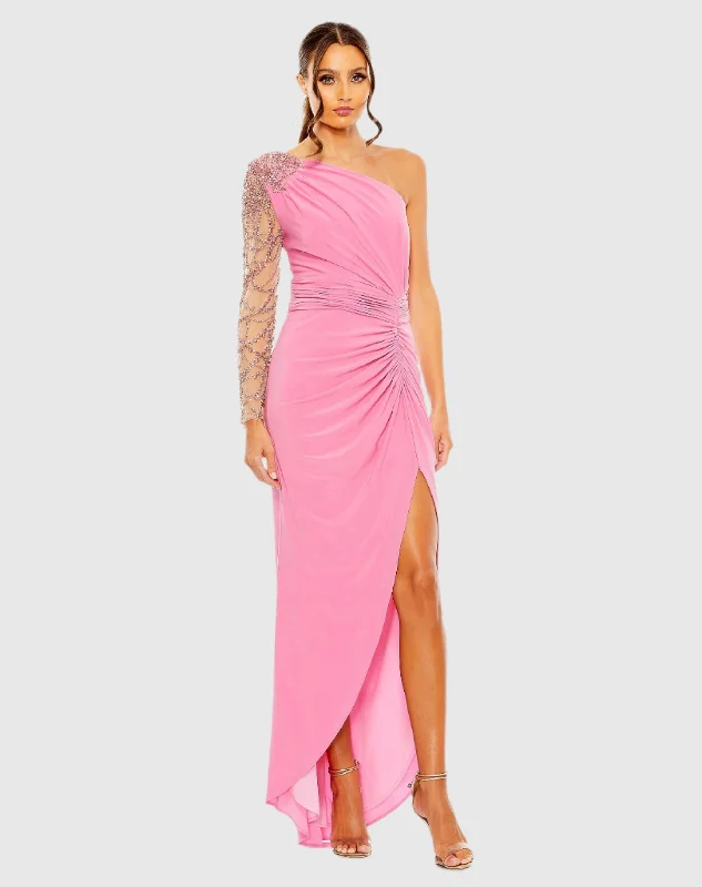 Embellished One Shoulder Long Sleeve Gown